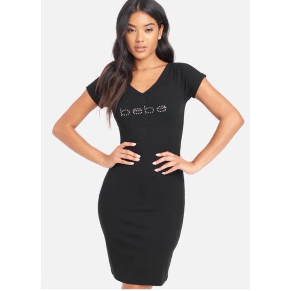 Bebe Dress Black S Small Crystal Logo Short Sleeve T Shirt Casual Stretch Y2K